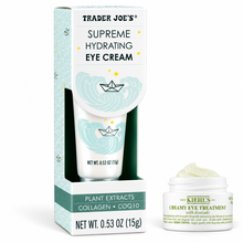 Cargar imagen en el visor de la galería, Caja y tubo de crema para ojos Supreme Hydrating Trader Joe's junto a tarro comparativo.