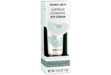 Cargar imagen en el visor de la galería, Caja de crema para ojos Trader Joe's Supreme Hydrating mostrando ventana con tubo interior.