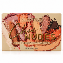 Cargar imagen en el visor de la galería, Empaque frontal de paleta de sombras Ellen Tracy Chic Nudes con muestras impresas de color