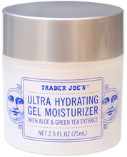 Cargar imagen en el visor de la galería, Tarro blanco con tapa plateada de gel hidratante Ultra Hydrating Trader Joe's sobre fondo blanco