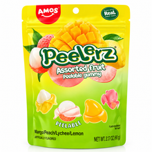 Cargar imagen en el visor de la galería, Bolsa resellable de gomitas pelables Amos Peelerz sabor frutas surtidas de noventa gramos.