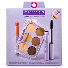 Cargar imagen en el visor de la galería, Empaque lavanda con set de maquillaje Madden Girl Jetsetter Must Haves con paleta, máscara y bálsamo.
